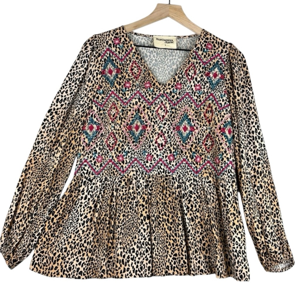 Savanna Jane Top Womens Small Leopard Print Embroidered Babydoll Boho